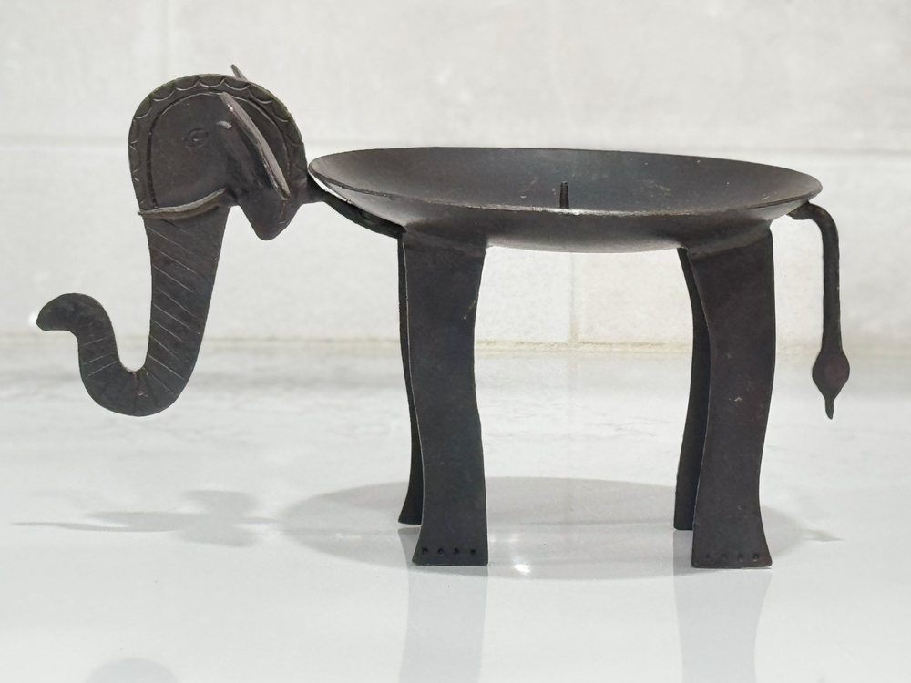 Vintage Hand Forged Wrought Iron Elephant Candle Holder Folk Art Metal Feng Shui